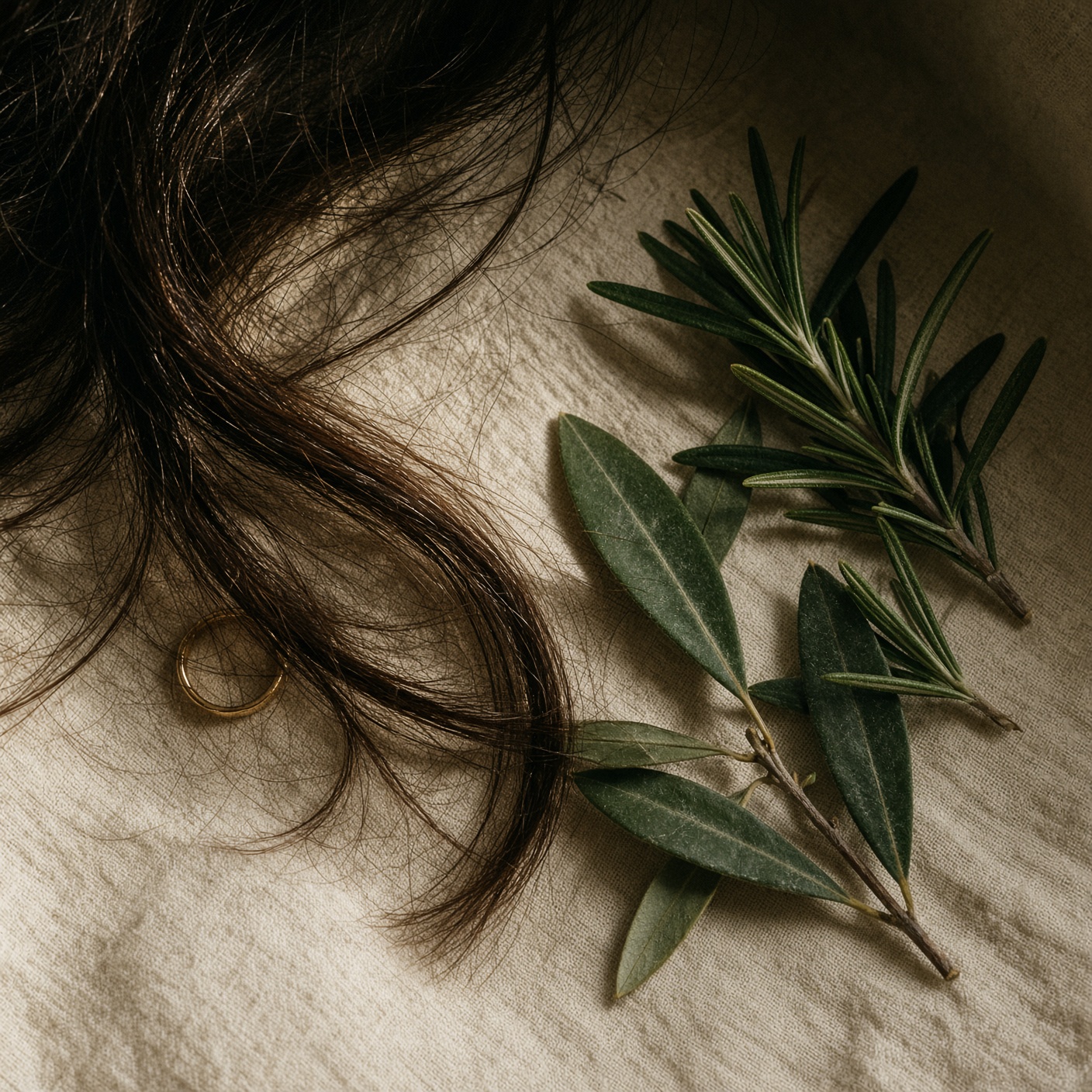Detalle de cabello sobre lino, con hojas de romero y olivo.