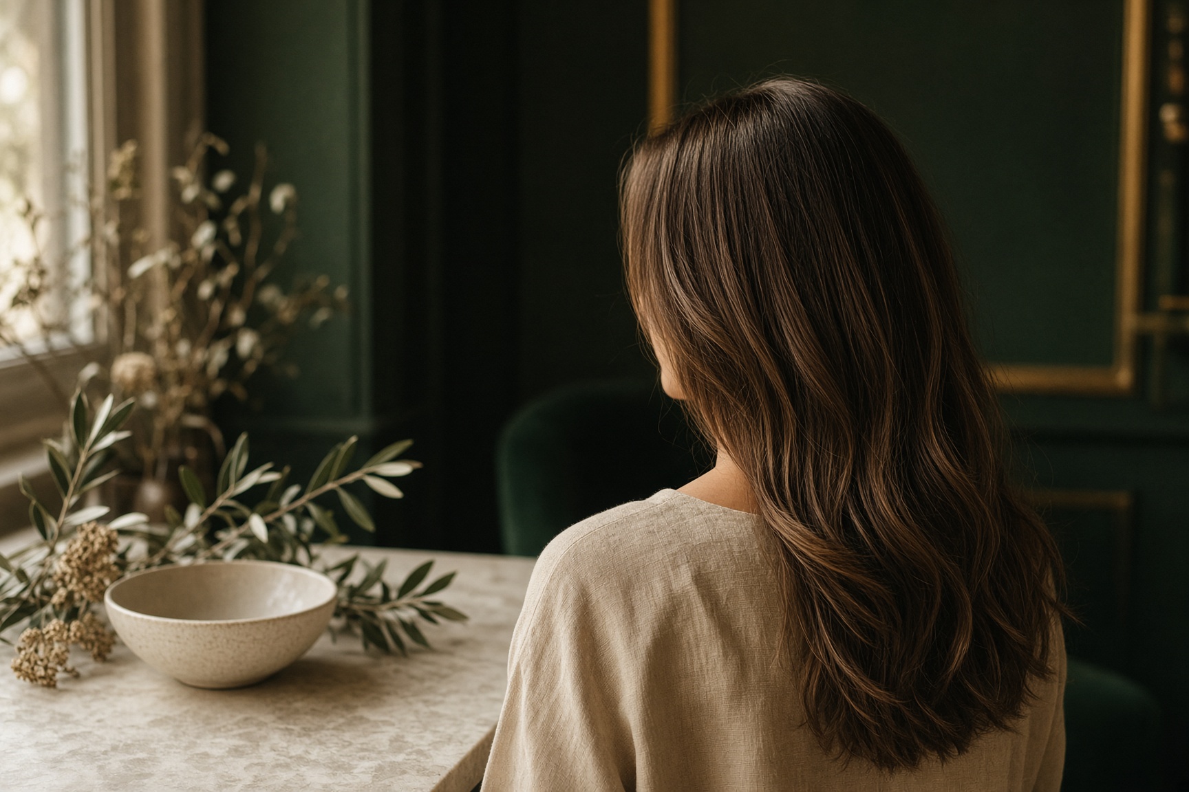 Mujer de espaldas, con el cabello suelto, junto a un cuenco de cerámica y ramas de olivo.